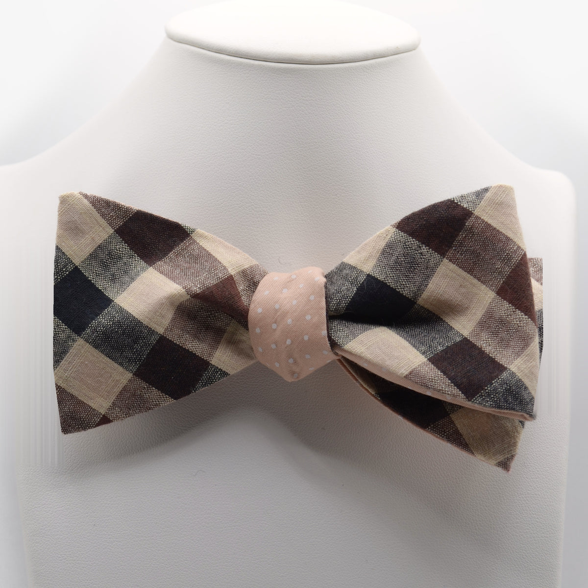 Brown and Cream Check Bow Tie shown on a white display stand
