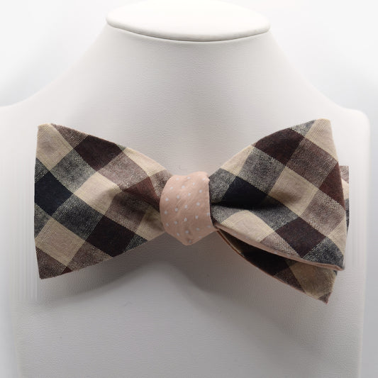 Brown and Cream Check Bow Tie shown on a white display stand
