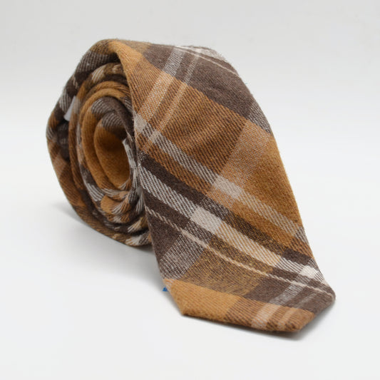 Mustard and Brown Plaid Necktie rolled on a light background